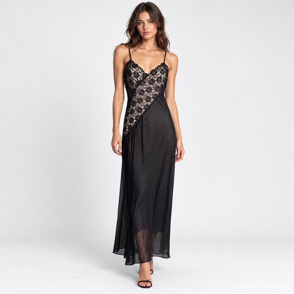 Vintage Black Lace Slip Dress Maxi Lingerie Dress Medium
